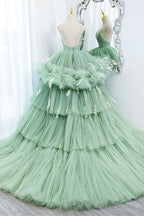 Green Tulle Long A-Line Prom Dress, Green V-Neck Formal Evening Gown