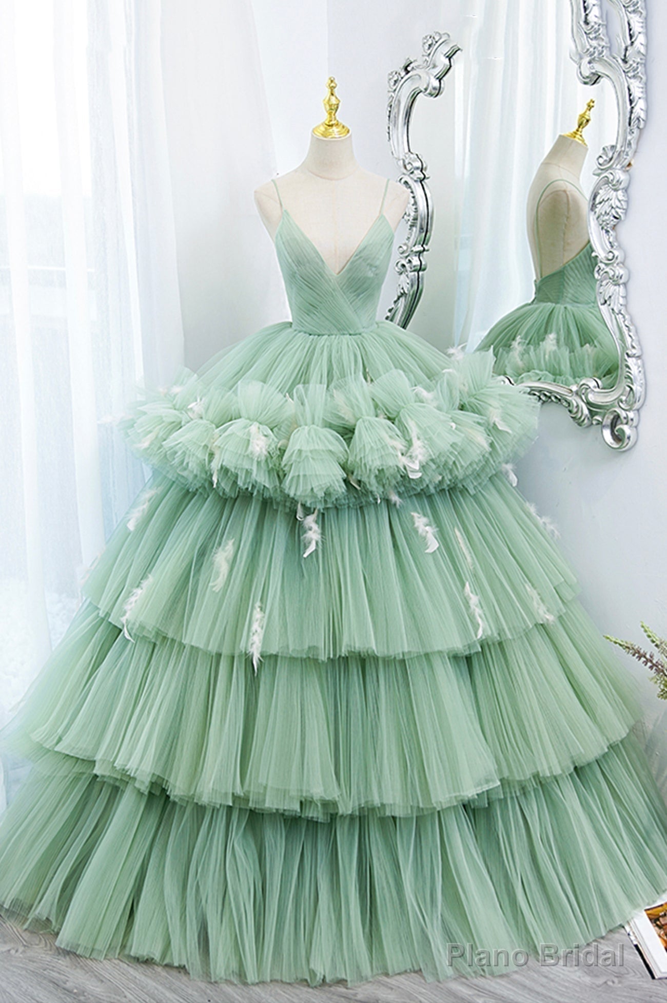 Green Tulle Long A-Line Prom Dress, Green V-Neck Formal Evening Gown Secondary image