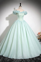 Green Tulle Long A-Line Formal Prom Dresses, Lovely Off The Shoulder Evening Party Dresses