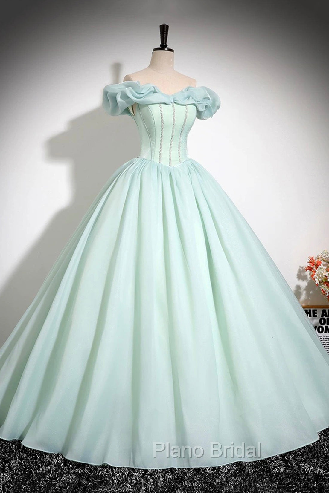 Green Tulle Long A-Line Formal Prom Dresses, Lovely Off The Shoulder Evening Party Dresses