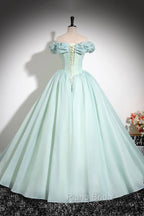 Green Tulle Long A-Line Formal Prom Dresses, Lovely Off The Shoulder Evening Party Dresses