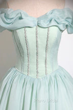 Green Tulle Long A-Line Formal Prom Dresses, Lovely Off The Shoulder Evening Party Dresses