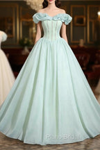 Green Tulle Long A-Line Formal Prom Dresses, Lovely Off The Shoulder Evening Party Dresses