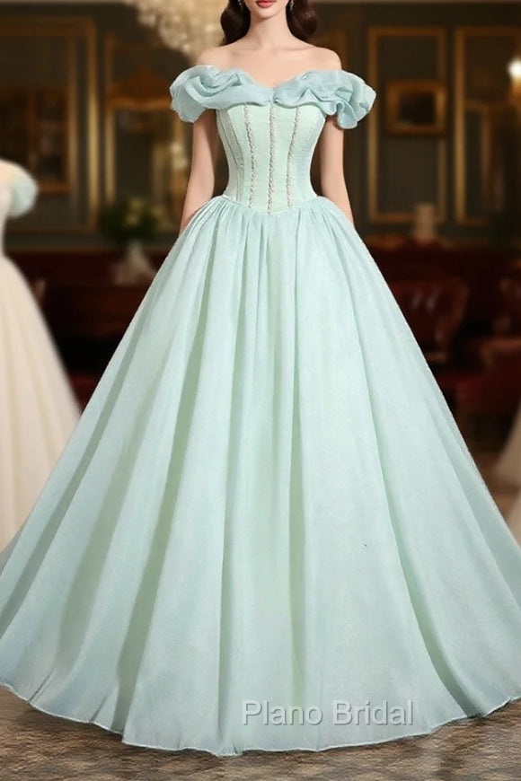 Green Tulle Long A-Line Formal Prom Dresses, Lovely Off The Shoulder Evening Party Dresses Main image