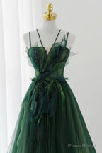 Green Tulle Long A-Line Prom Dress, Spaghetti Straps Evening Dress