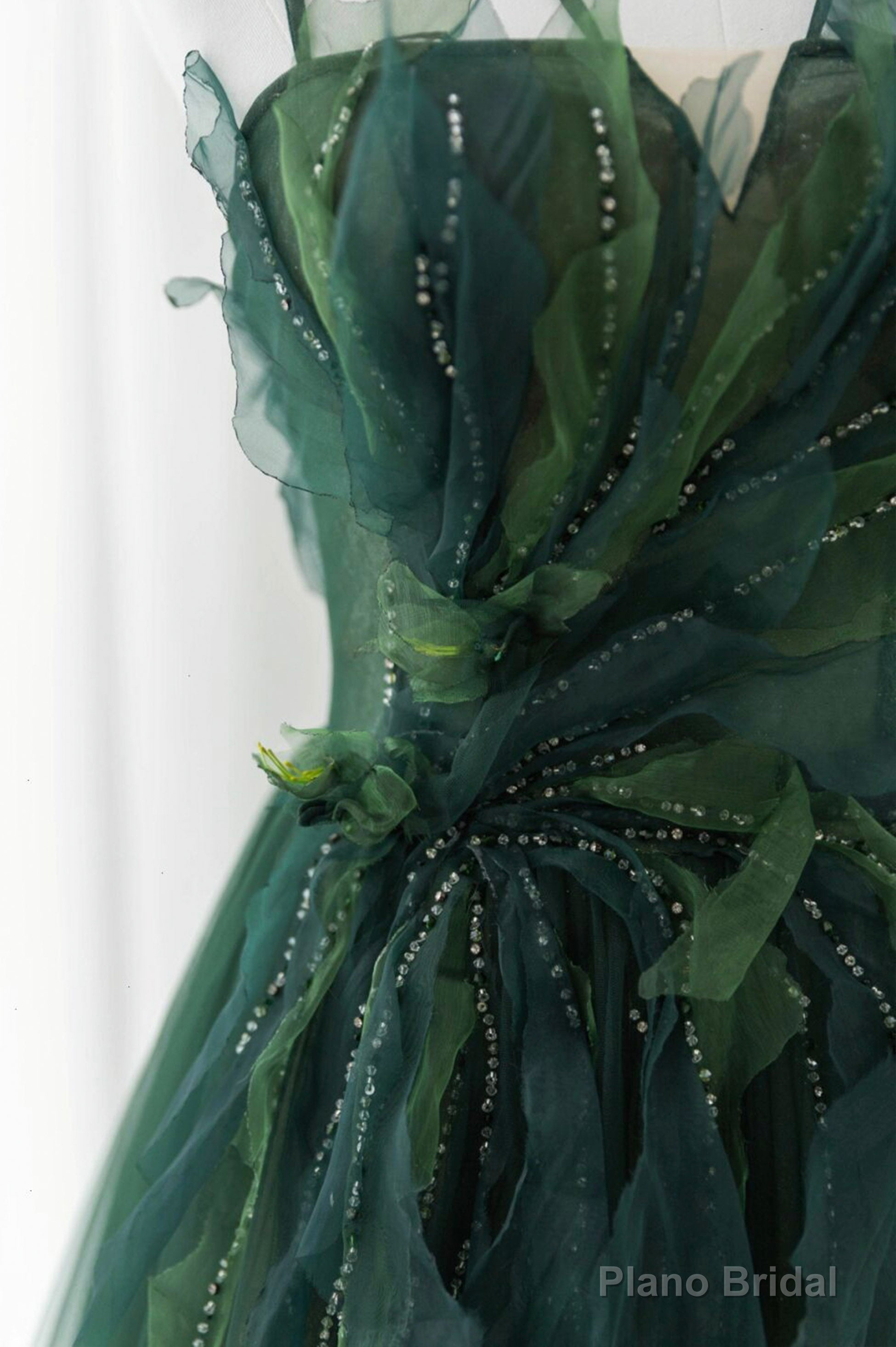 Green Tulle Long A-Line Prom Dress, Spaghetti Straps Evening Dress