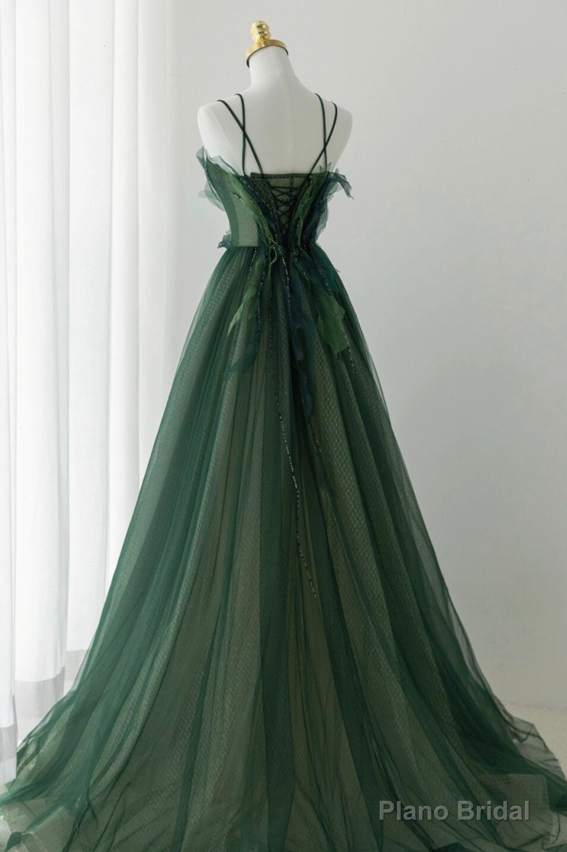Green Tulle Long A-Line Prom Dress, Spaghetti Straps Evening Dress Secondary image