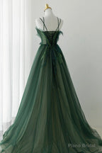 Green Tulle Long A-Line Prom Dress, Spaghetti Straps Evening Dress