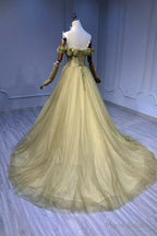 Green Tulle Long Prom Dress, Off the Shoulder Evening Graduation Dress