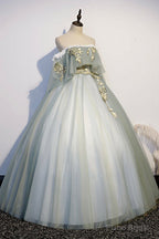 Green Tulle Long Prom Dress with Lace, Off the Shoulder Evening Gown