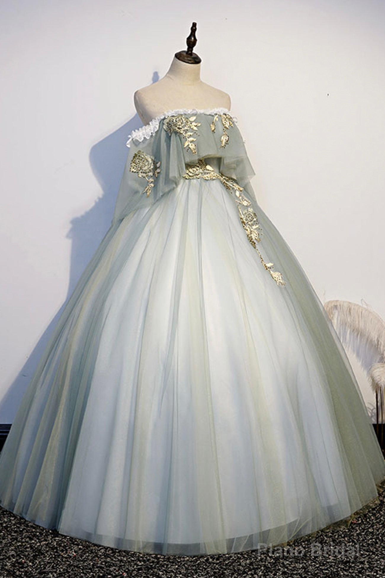 Green Tulle Long Prom Dress with Lace, Off the Shoulder Evening Gown