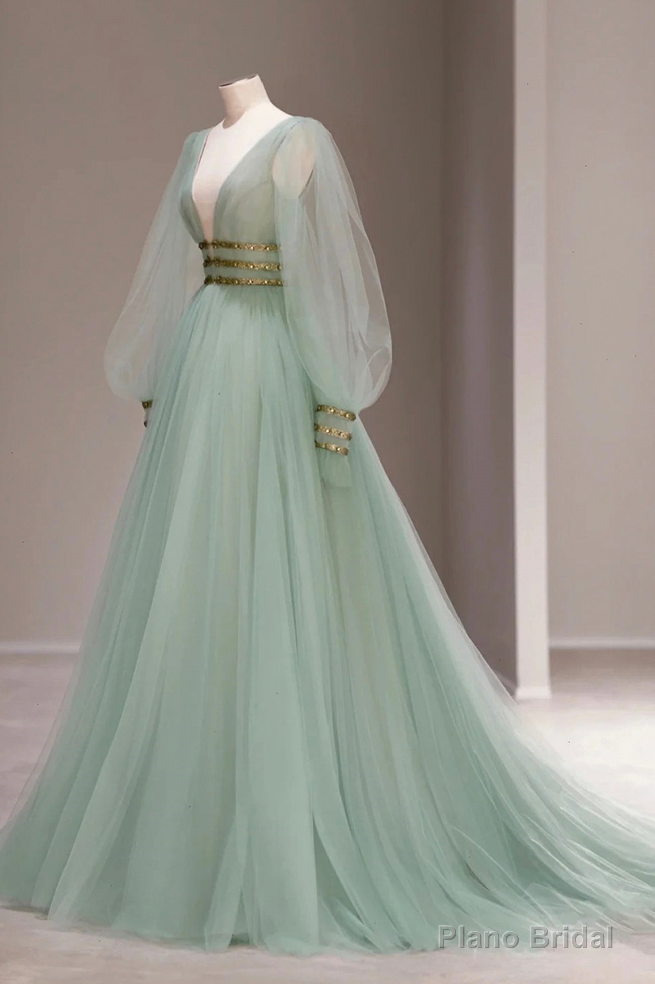 Green Tulle Long Prom Dress with Sequins, Green Long Sleeve Evening Party Dress Secondary image