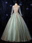 Green Tulle Long Sleeve Appliques Quinceanera Dress