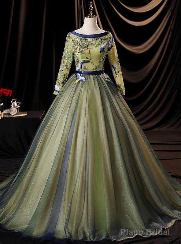 Green Tulle long Sleeve Embroidery Appliques Quinceanera Dress
