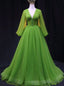 Green Tulle Long Sleeve V-neck Pleats Prom Dress