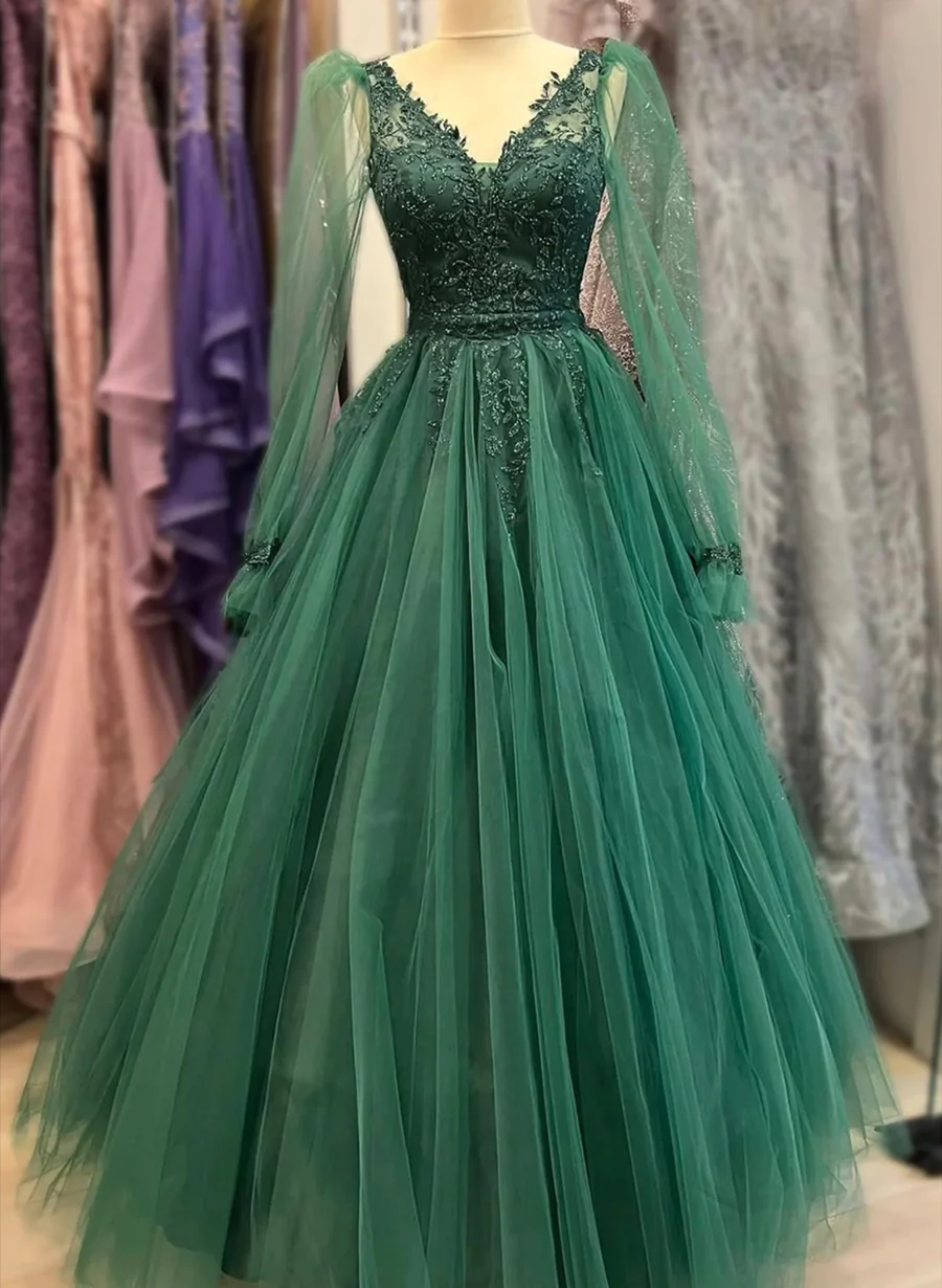 Green Tulle Long Sleeves A-Line With Lace Party Dresses, Green Wedding Party Dresses Main image