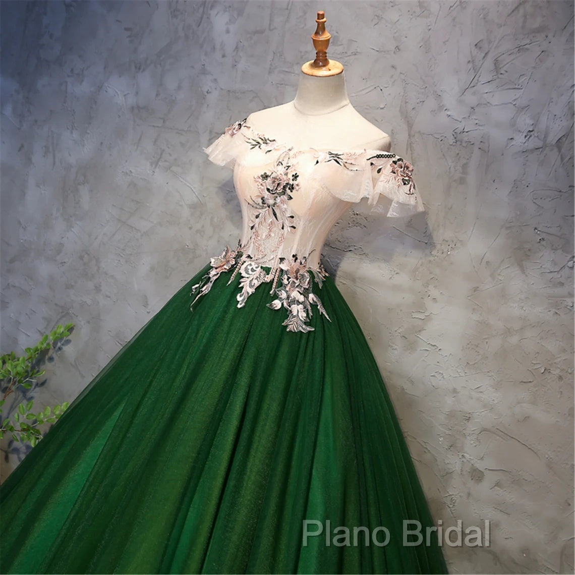 Green Tulle Off Shoulder Long Formal Dresses With Lace, Sweet 16 Gown Secondary image