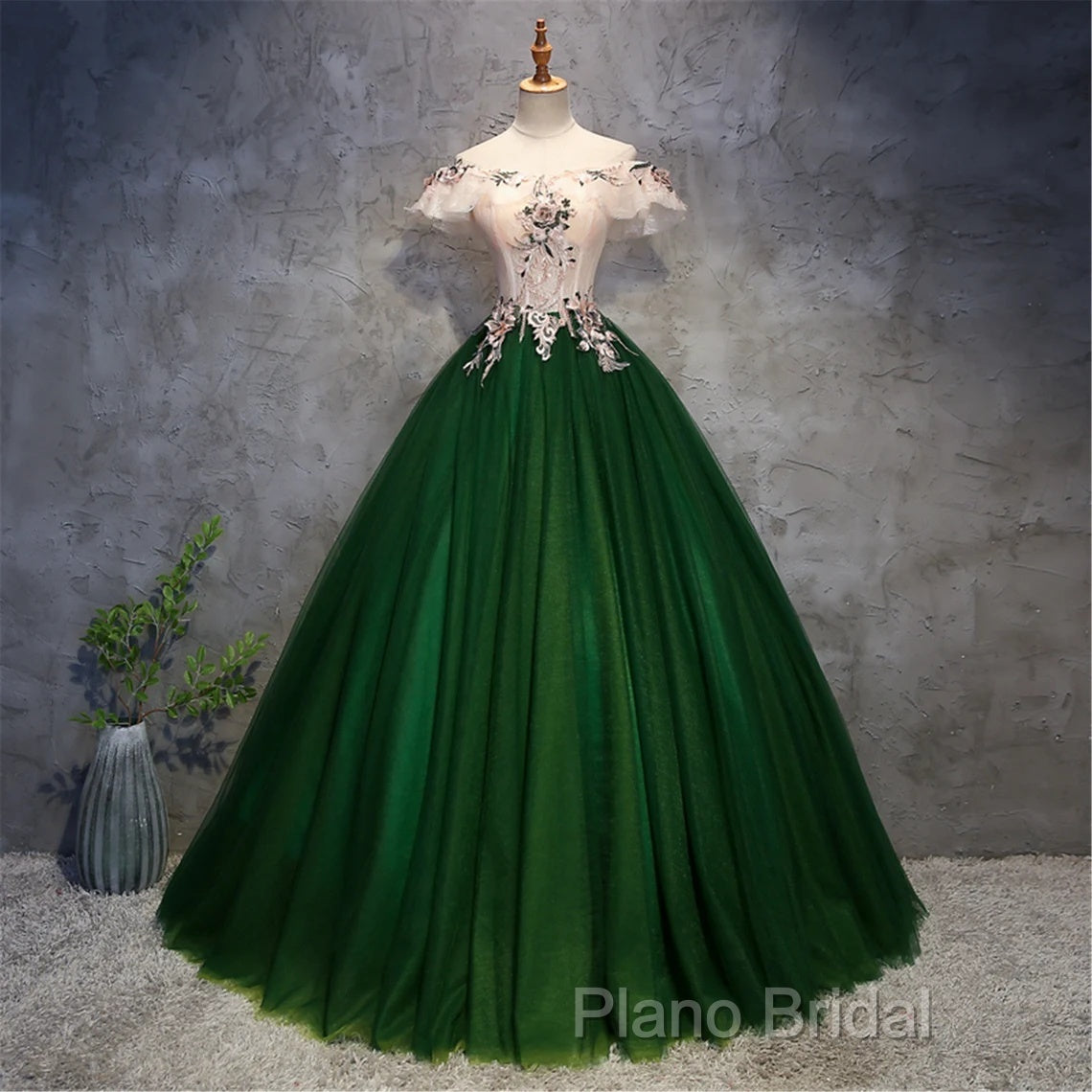 Green Tulle Off Shoulder Long Formal Dresses With Lace, Sweet 16 Gown