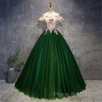 Green Tulle Off Shoulder Long Formal Dresses With Lace, Sweet 16 Gown