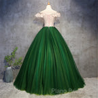 Green Tulle Off Shoulder Long Formal Dresses With Lace, Sweet 16 Gown
