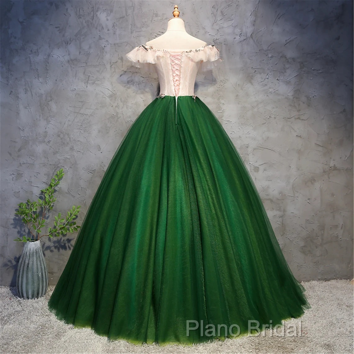 Green Tulle Off Shoulder Long Formal Dresses With Lace, Sweet 16 Gown