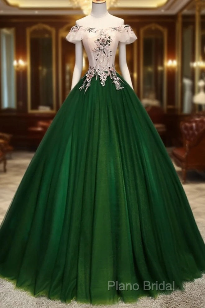Green Tulle Off Shoulder Long Formal Dresses With Lace, Sweet 16 Gown Main image