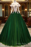 Green Tulle Off Shoulder Long Formal Dresses With Lace, Sweet 16 Gown