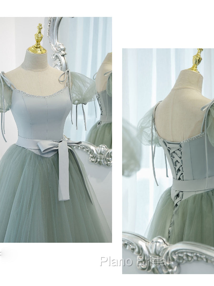 Green Tulle Off Shoulder Long Formal Prom Dresses, Green Tulle Formal Dresses