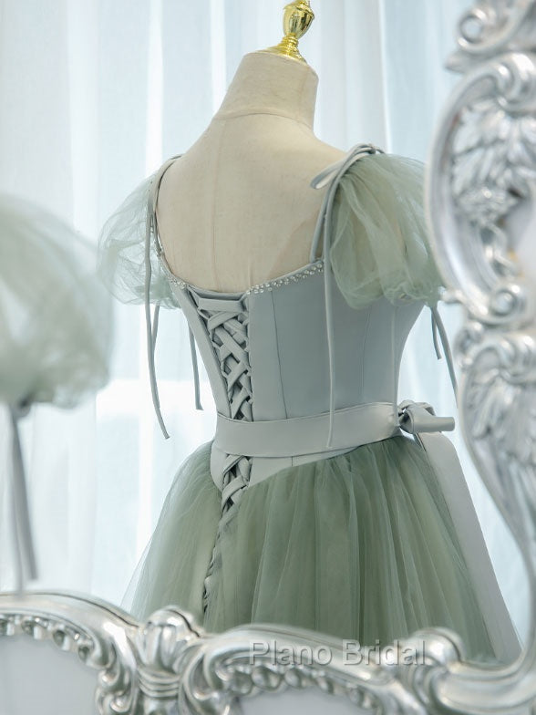 Green Tulle Off Shoulder Long Formal Prom Dresses, Green Tulle Formal Dresses