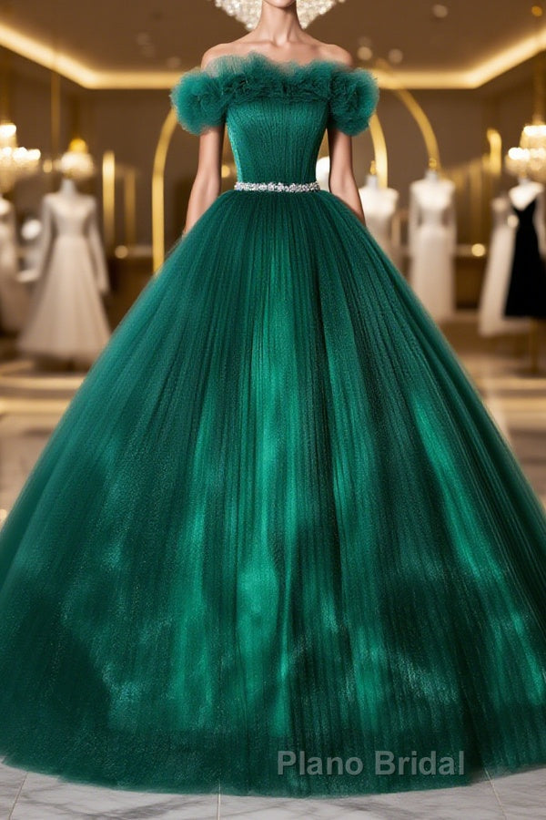 Green tulle off shoulder long Formal Prom dress green tulle formal gown Main image