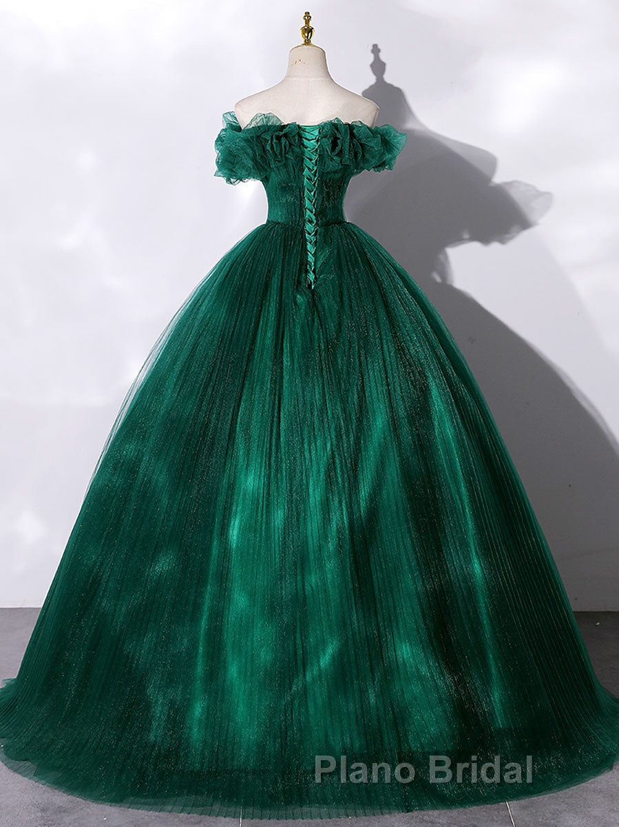 Green tulle off shoulder long Formal Prom dress green tulle formal gown