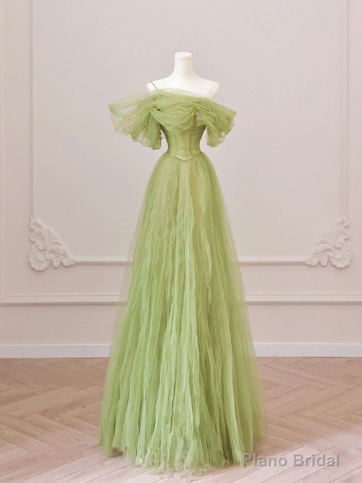 Green Tulle Off Shoulder Long Prom Dresses, Green Tulle Formal Evening Dress Main image