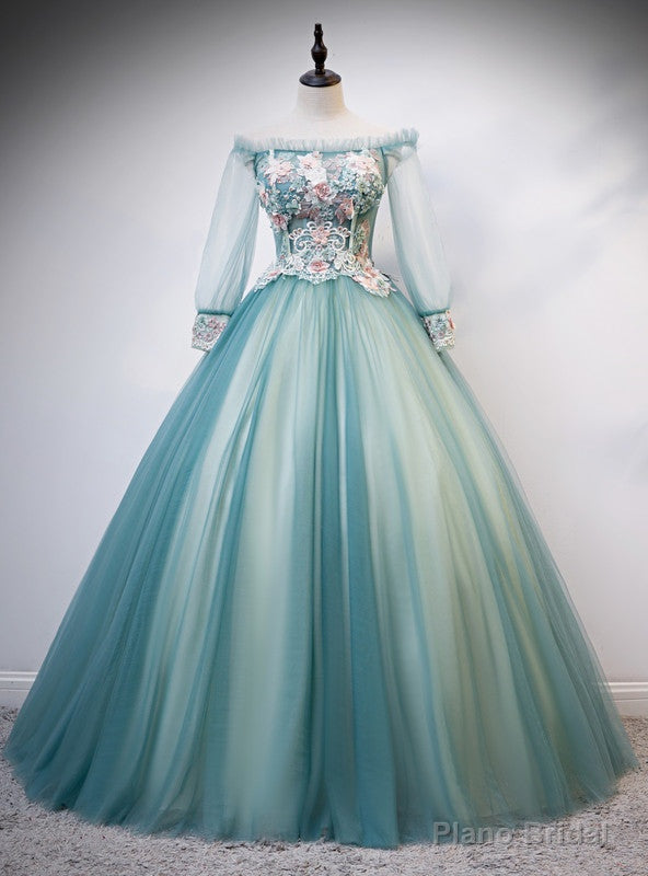 Green Tulle Off the Shoulder Long Sleeve Appliques Quinceanera Dress Main image