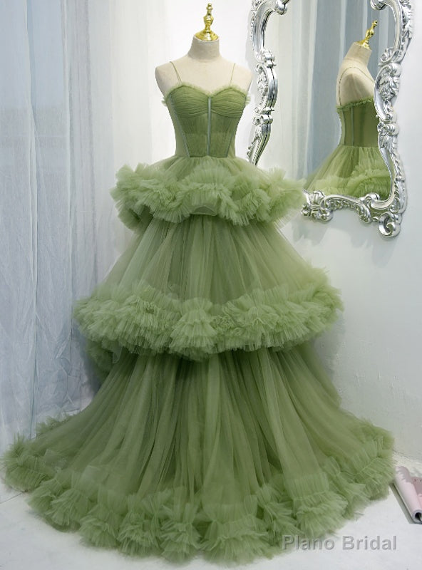 Green Tulle Pleats Spaghetti Straps Prom Dress Main image