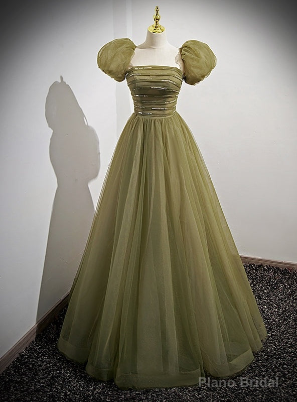 Green Tulle Puff Sleeve Pleats Prom Dress Main image