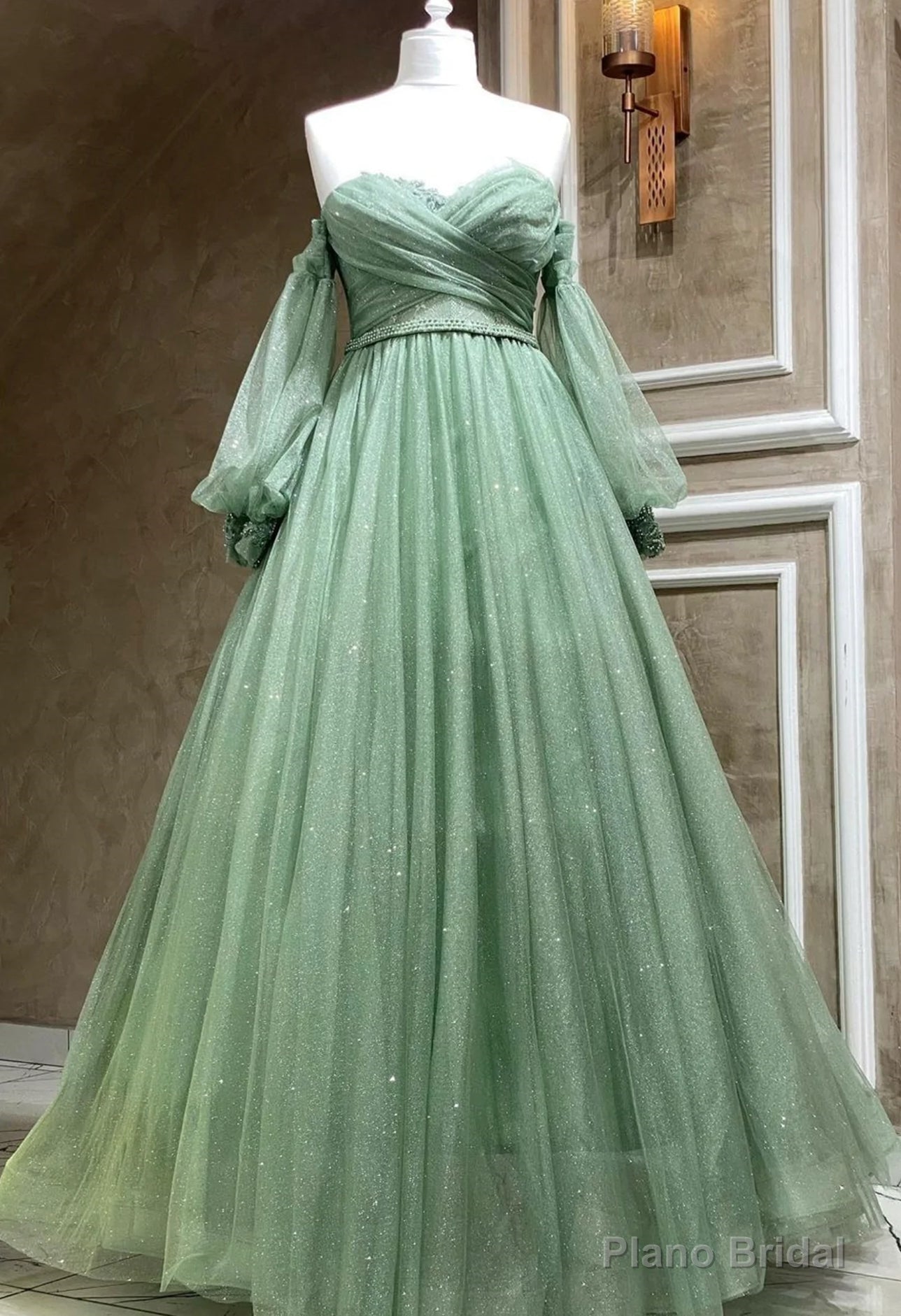 Green Tulle Puffy Sleeves A-line Formal Dresses, Green Long Evening Gown Main image