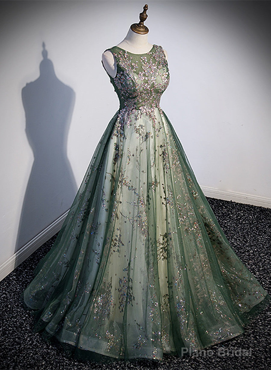 Green Tulle Round Neckline Long Party Dress, Green Lace Prom Dress