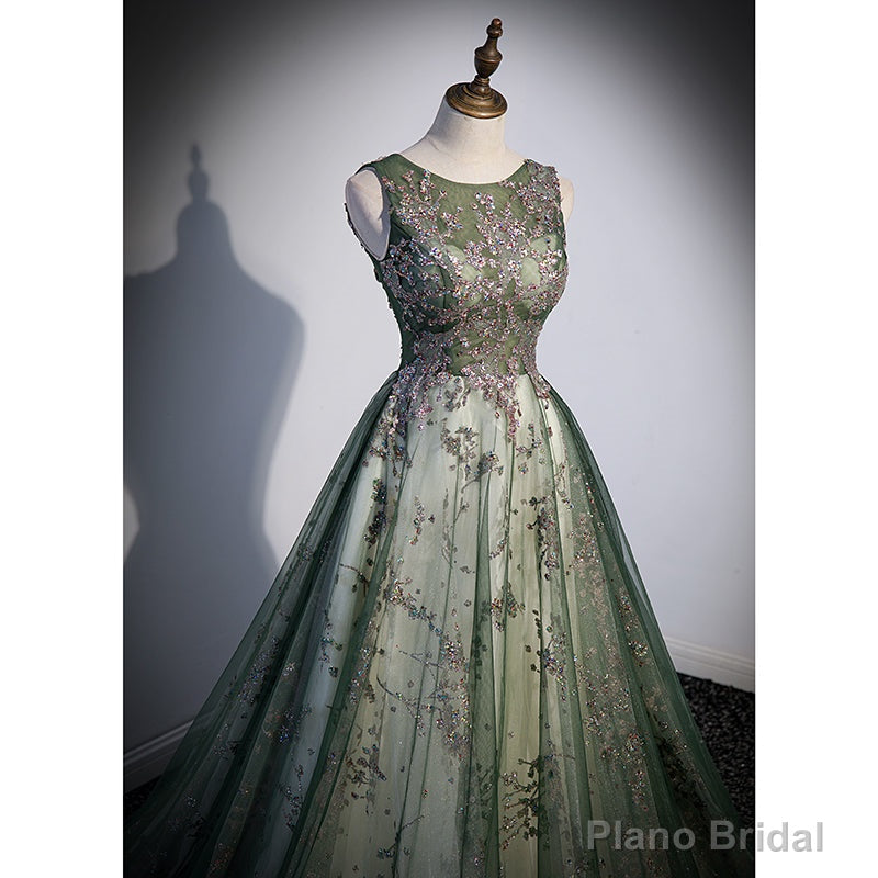 Green Tulle Round Neckline Long Party Dress, Green Lace Prom Dress