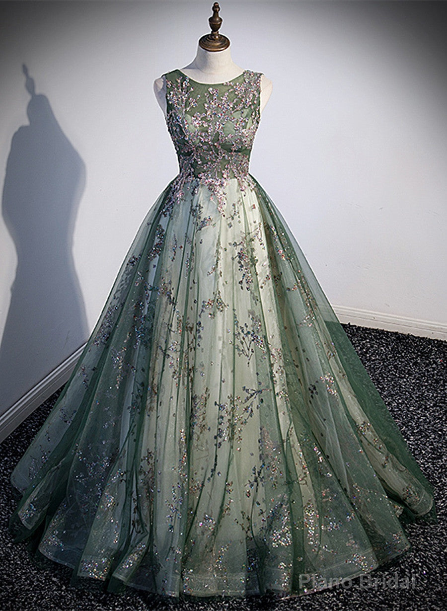Green Tulle Round Neckline Long Party Dress, Green Lace Prom Dress Secondary image