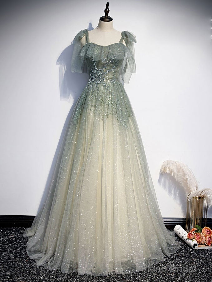 Green tulle sequin beads long prom dress, green tulle formal dress Main image