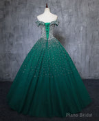 Green Tulle Sequin Long Prom Gown, Green Sequin Sweet 16 Dress