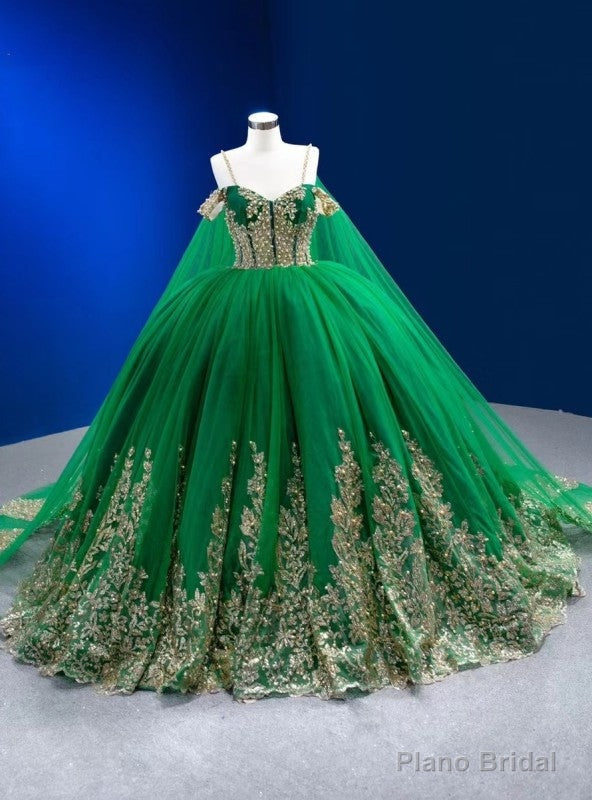Green Tulle Sequins Appliques Spaghetti Straps Pearls Prom Dress Main image