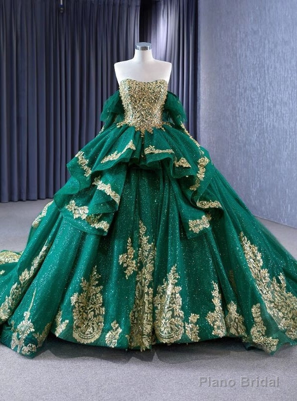 Green Tulle Sequins Appliques Strapless Pearls Prom Dress Main image