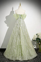 Green Tulle Sequins Long Formal Prom Dresses, Beautiful Off The Shoulder Party Dresses