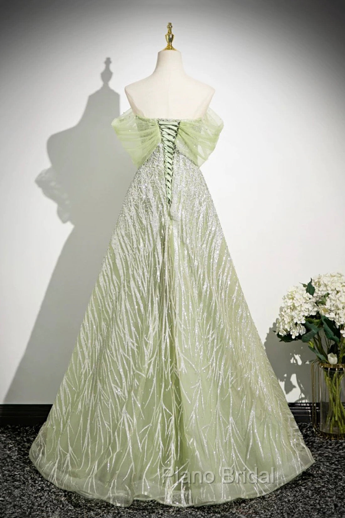 Green Tulle Sequins Long Formal Prom Dresses, Beautiful Off The Shoulder Party Dresses