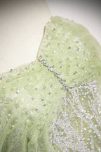 Green Tulle Sequins Long Formal Prom Dresses, Beautiful Off The Shoulder Party Dresses