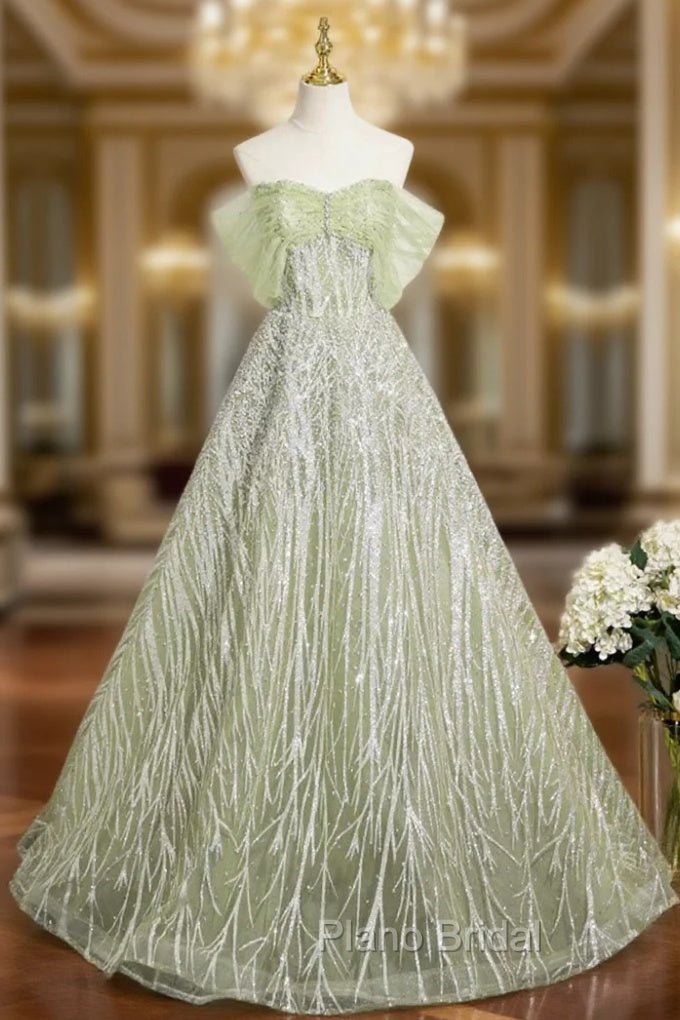 Green Tulle Sequins Long Formal Prom Dresses, Beautiful Off The Shoulder Party Dresses Main image