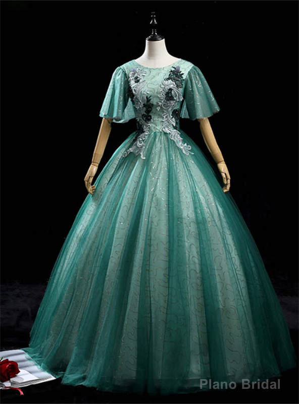 Green Tulle Sequins Short Sleeve Appliques Quinceanera Dress Main image