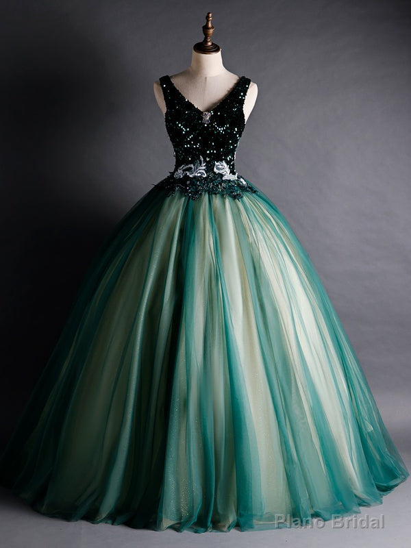 Green Tulle Sequins V-neck Appliques Quinceanera Dress Main image