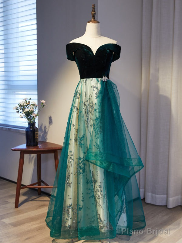 Green Tulle Sequins Velvet Off the Shoulder Prom Dress Main image